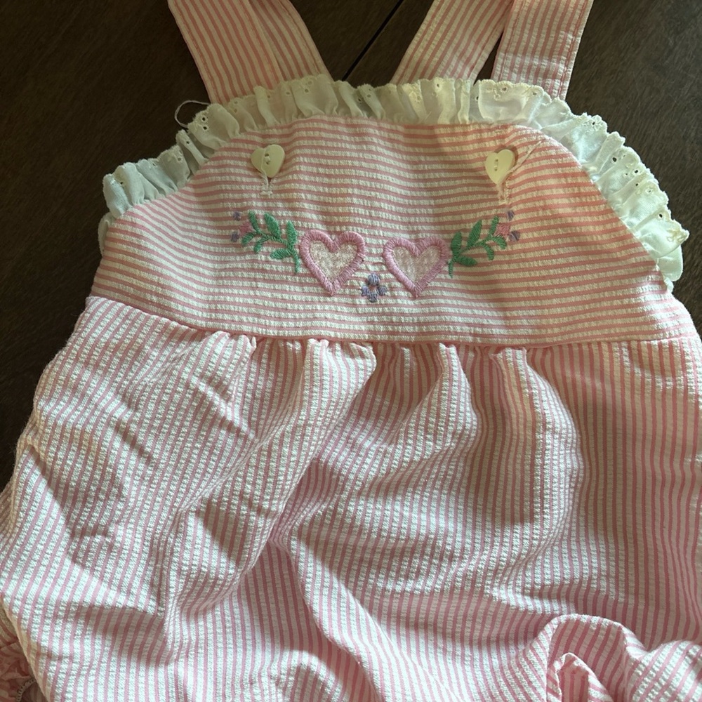 Vintage Pink Striped Baby bubble with Heart Embroidery